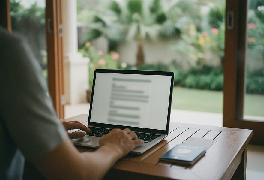 A traveller receiving a signed medical certificate by email at their villa
