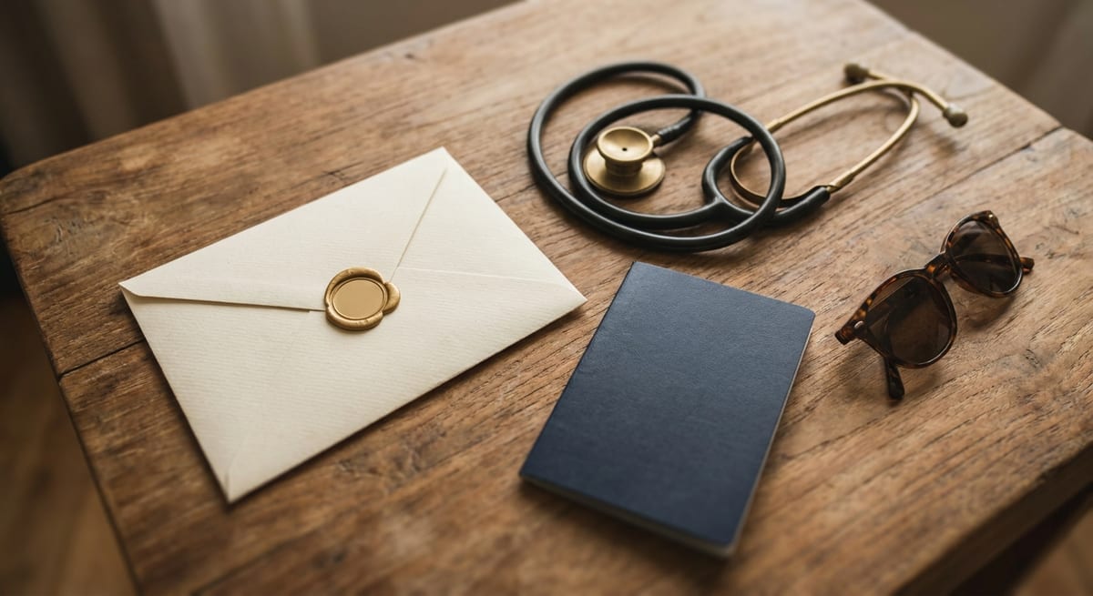 Sealed medical certificate envelope, stethoscope and passport on a teak desk