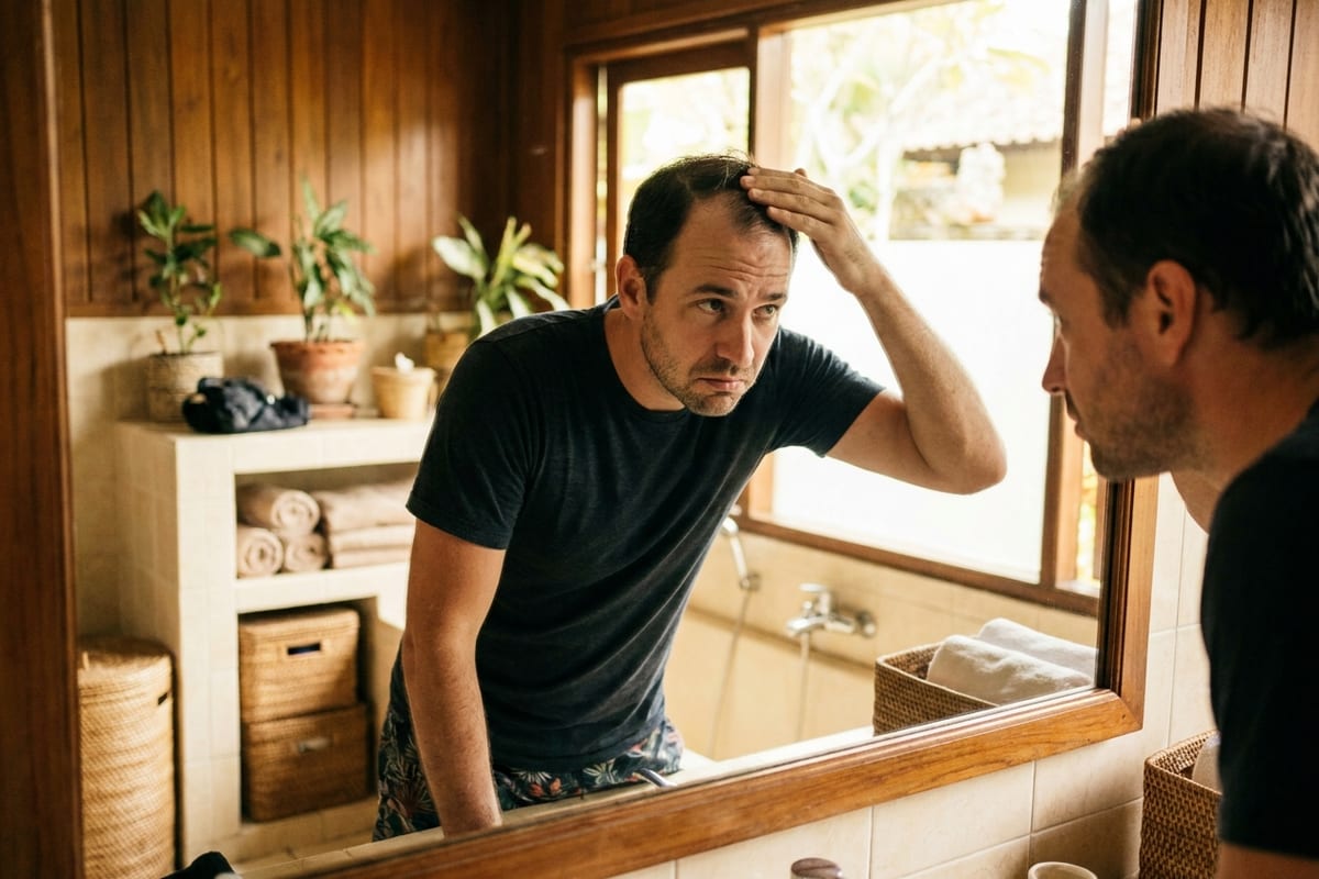 A man checking a receding hairline in the mirror
