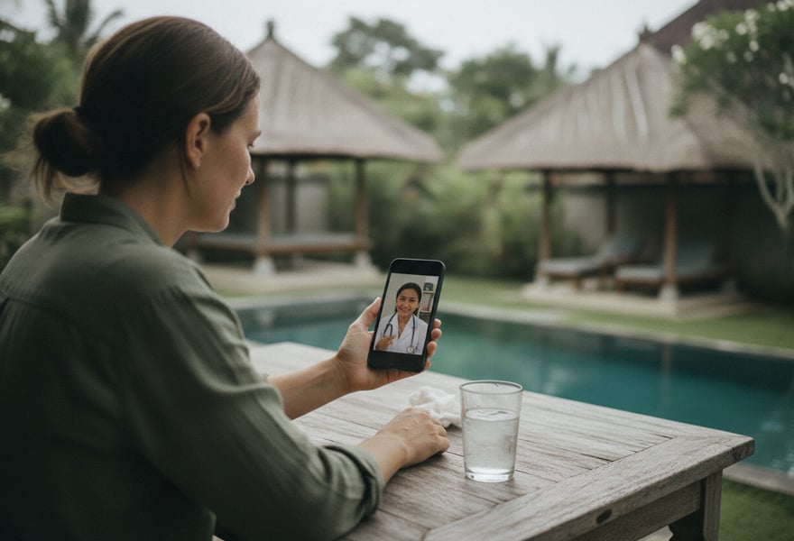 A traveller at her Bali villa on a video call with a licensed Balinese doctor