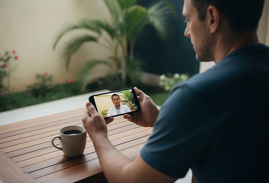 A man on a discreet video consultation with a licensed doctor at his villa