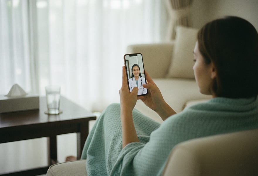 An unwell traveller resting on her villa sofa during a video consultation with a licensed doctor