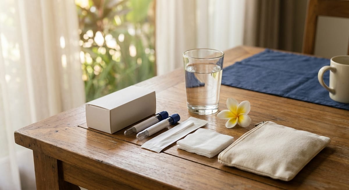 Sealed STI self-test kit laid out on a plain table