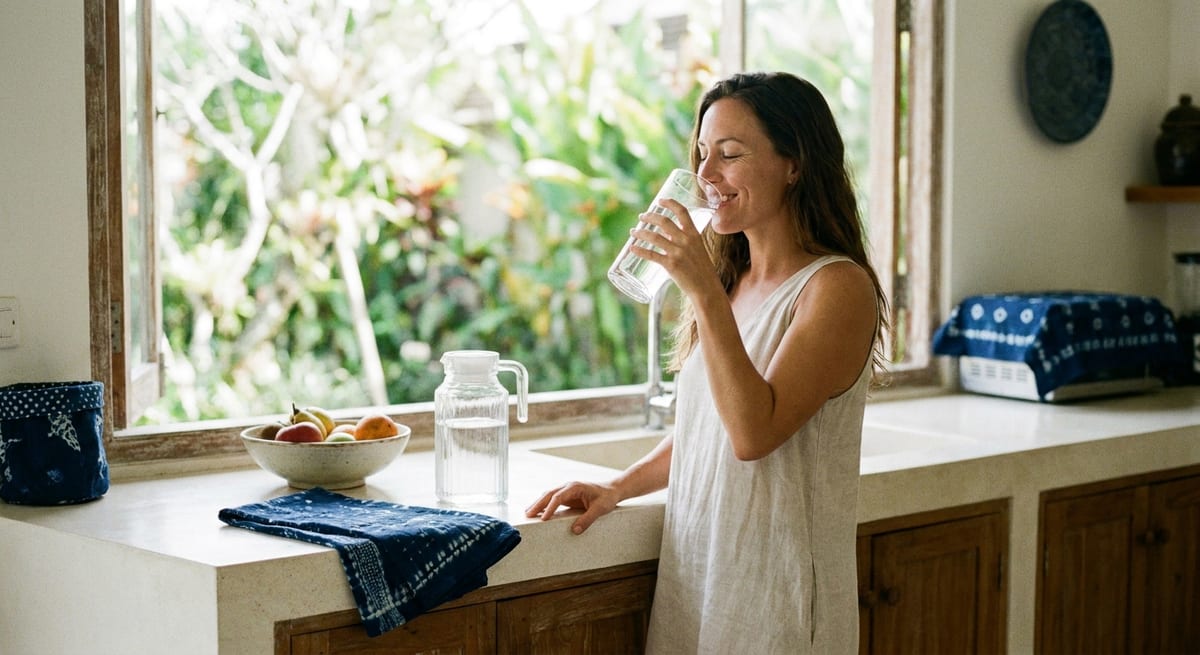 Woman drinking a large glass of water in a villa kitchen